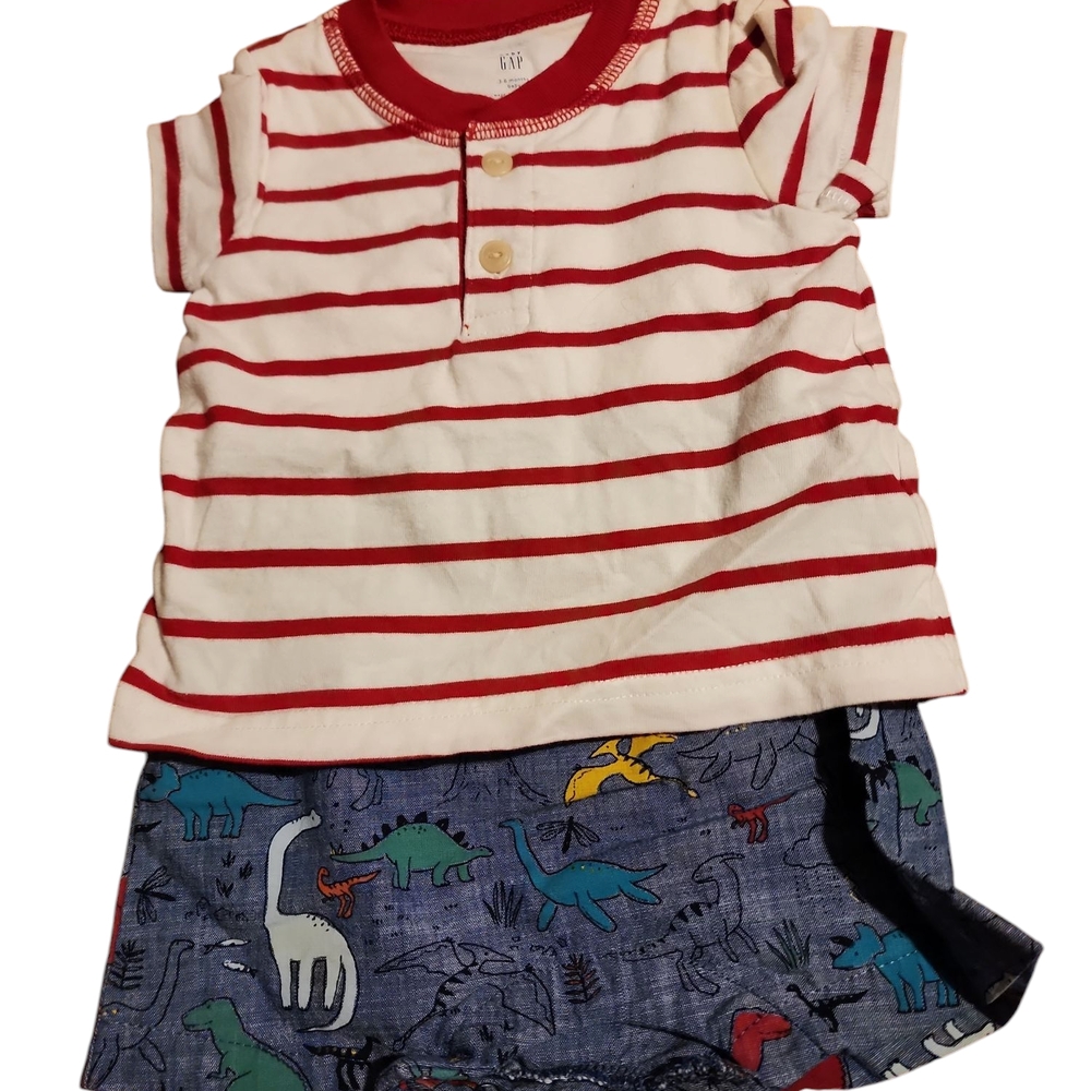 Kids Red Striped Shirt with Dinosaur Shorts